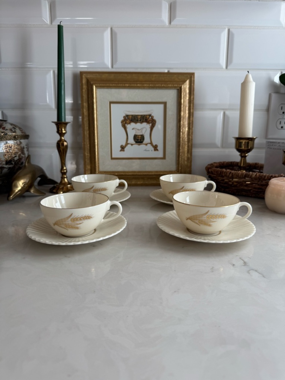 Vintage Wheat by Lenox Tea Cups&Saucers R-442 w/24k Gold Trim 1930s Set of 4